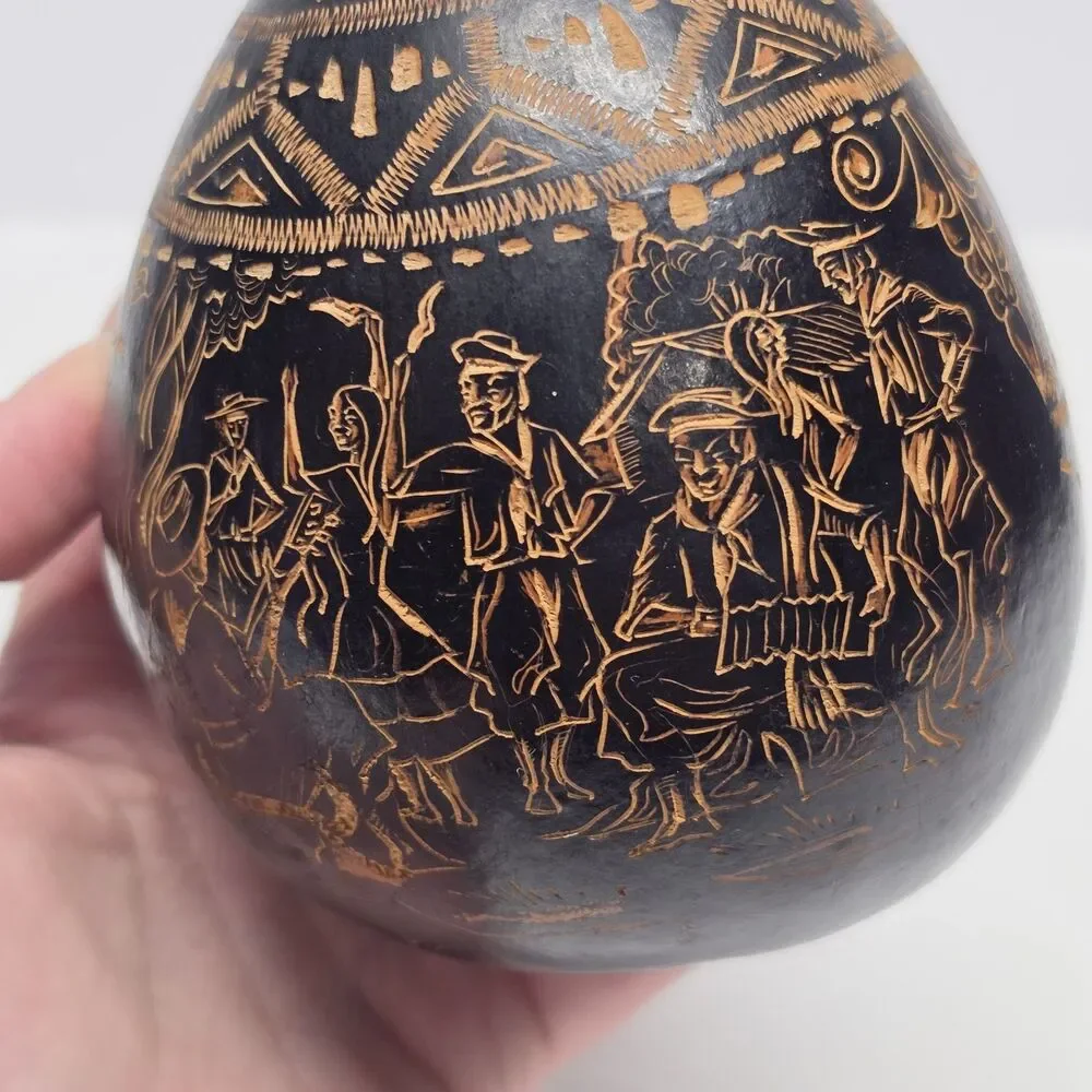 Hand Carved Gourd Vase Decor Tribal Rustic Ethnic Traditional Folk Art Uruguay